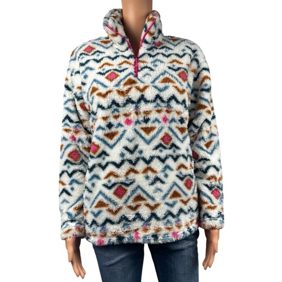Eddie Bauer Womens Size Small Plush 1/4 Zip Jacket Fuzzy Fleece Vanilla Aztec - Picture 2 of 8